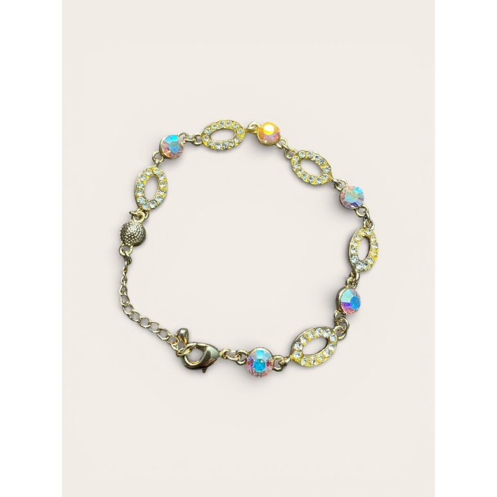 Gold Tone Rhinestone Aurora Borealis Bracelet Y2K Glam Adjustable
